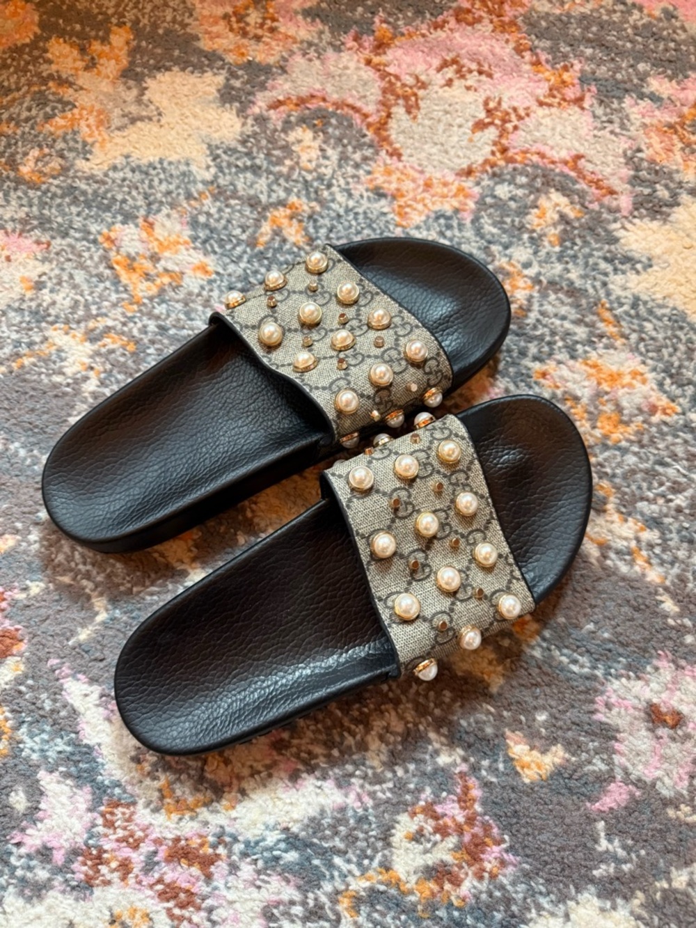 Designer Pearl-Embellished Black Slide Sandals